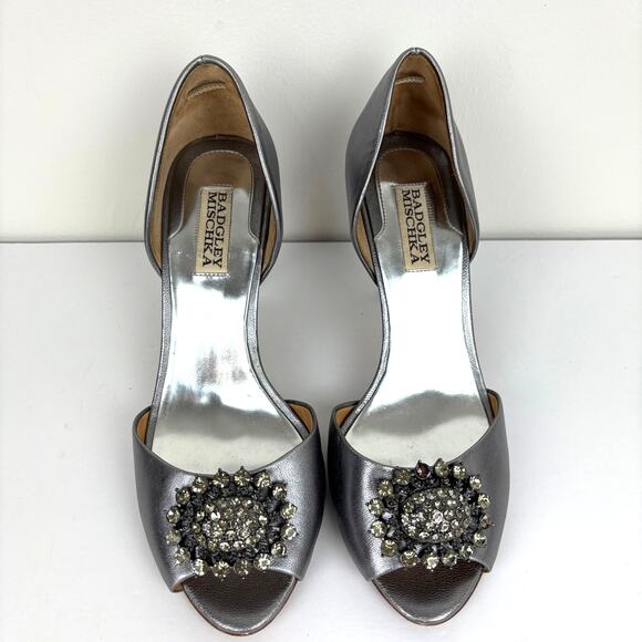 Badgley Mischka Silver Metallic Peep Toe Heels 9M wedding event evening cocktail - Picture 2 of 8